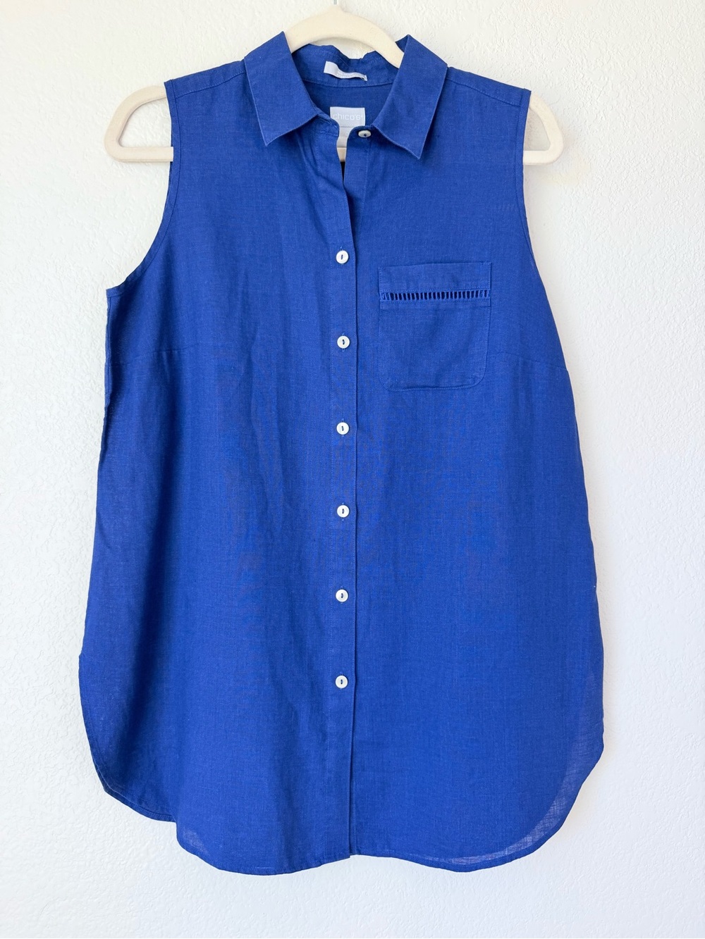 NWT Chico’s No-Iron 100% Linen Sleeveless Tunic Button Down Blue Sz 0 4/6